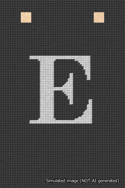 A simulated image of the stitched needlepoint design: Banner 18m Squared E White on Black. Not A.I. generated.