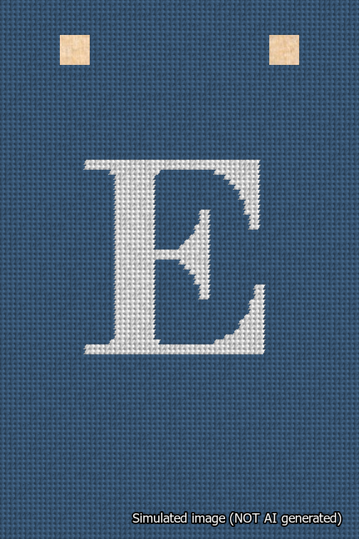 A simulated image of the stitched needlepoint design: Banner 18m Squared E White on Blue. Not A.I. generated.