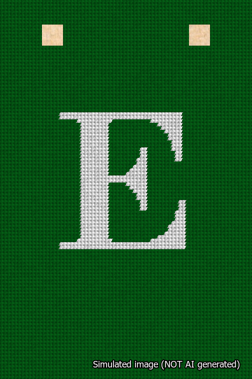 A simulated image of the stitched needlepoint design: Banner 18m Squared E White on Green. Not A.I. generated.