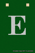 A simulated image of the stitched needlepoint design: Banner 18m Squared E White on Green. Not A.I. generated.
