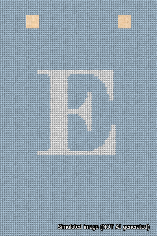 A simulated image of the stitched needlepoint design: Banner 18m Squared E White on Light Blue. Not A.I. generated.