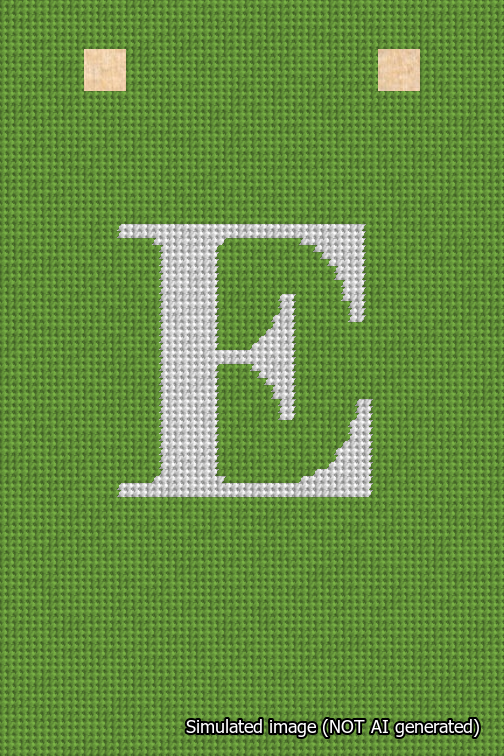A simulated image of the stitched needlepoint design: Banner 18m Squared E White on Light Green. Not A.I. generated.