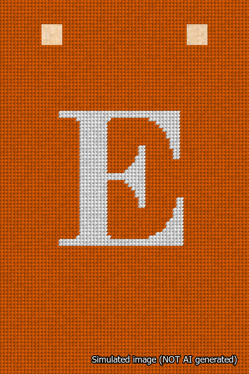 A simulated image of the stitched needlepoint design: Banner 18m Squared E White on Orange. Not A.I. generated.