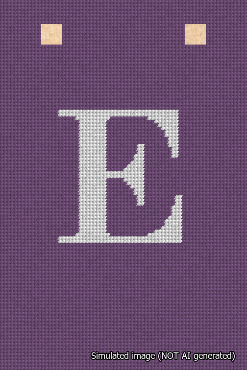 A simulated image of the stitched needlepoint design: Banner 18m Squared E White on Purple. Not A.I. generated.
