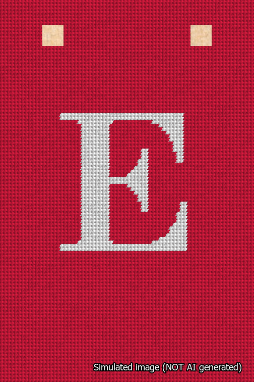 A simulated image of the stitched needlepoint design: Banner 18m Squared E White on Red. Not A.I. generated.