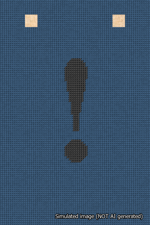 A simulated image of the stitched needlepoint design: Banner 18m Squared Exclamation Black on Blue. Not A.I. generated.