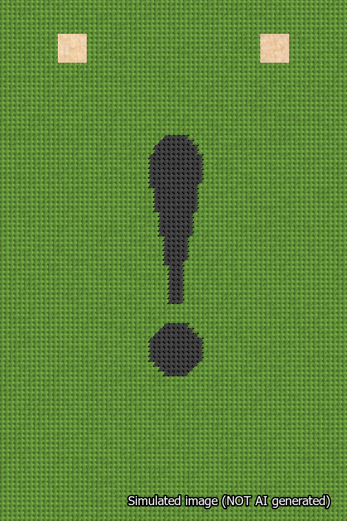 A simulated image of the stitched needlepoint design: Banner 18m Squared Exclamation Black on Light Green. Not A.I. generated.