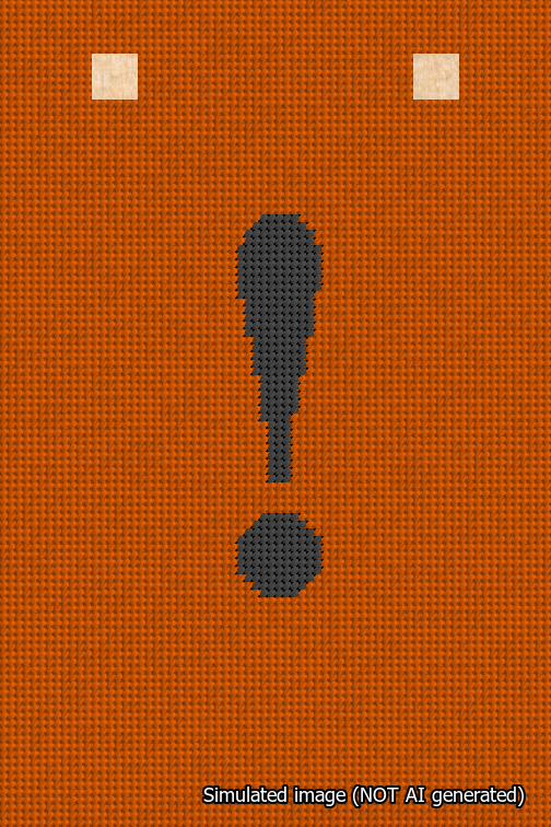 A simulated image of the stitched needlepoint design: Banner 18m Squared Exclamation Black on Orange. Not A.I. generated.