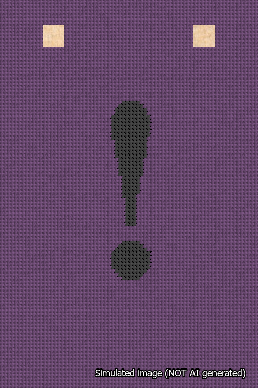 A simulated image of the stitched needlepoint design: Banner 18m Squared Exclamation Black on Purple. Not A.I. generated.