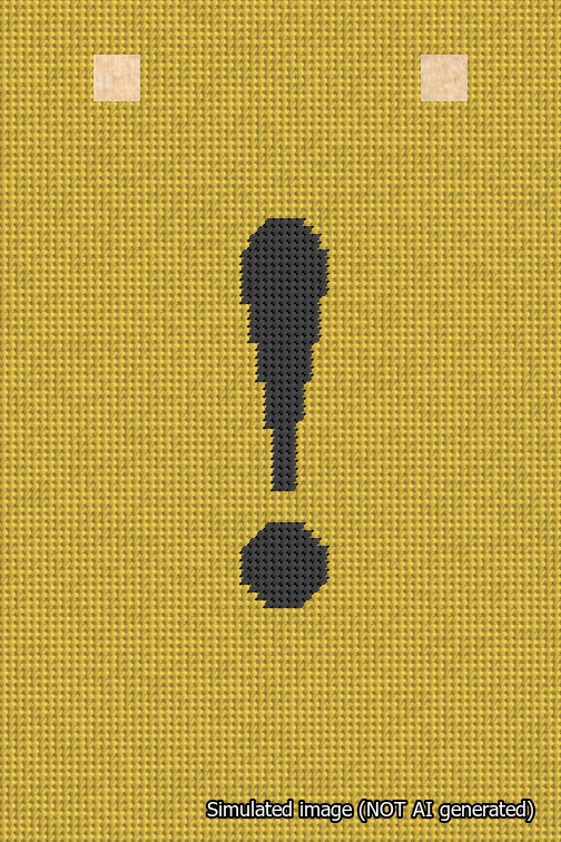 A simulated image of the stitched needlepoint design: Banner 18m Squared Exclamation Black on Yellow. Not A.I. generated.