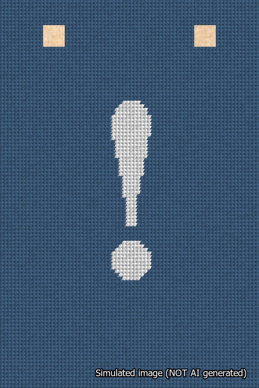 A simulated image of the stitched needlepoint design: Banner 18m Squared Exclamation White on Blue. Not A.I. generated.