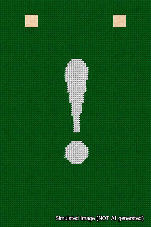 A simulated image of the stitched needlepoint design: Banner 18m Squared Exclamation White on Green. Not A.I. generated.