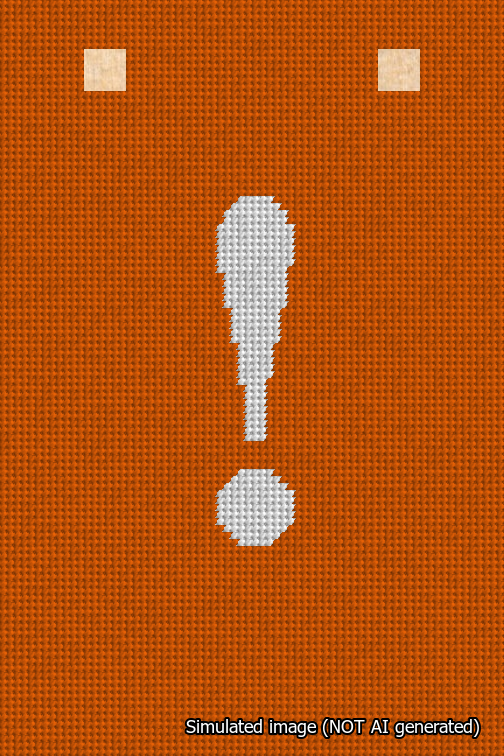 A simulated image of the stitched needlepoint design: Banner 18m Squared Exclamation White on Orange. Not A.I. generated.