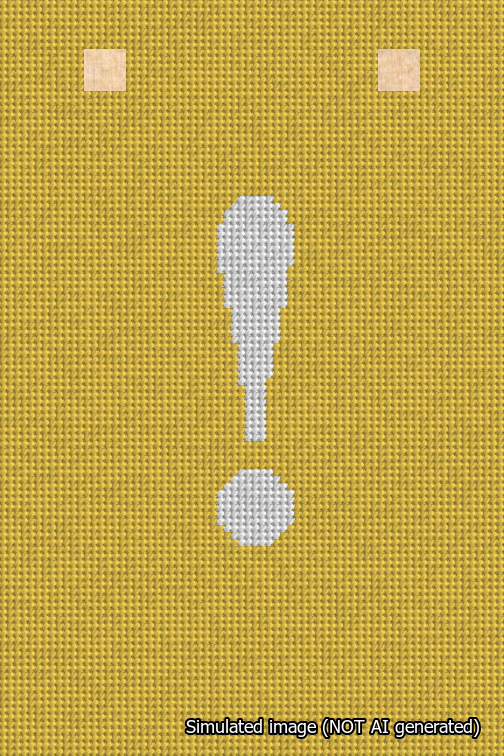 A simulated image of the stitched needlepoint design: Banner 18m Squared Exclamation White on Yellow. Not A.I. generated.