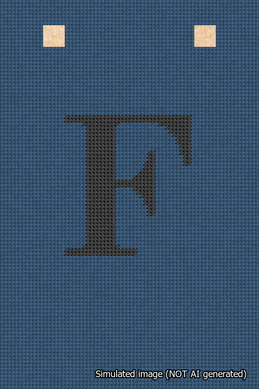 A simulated image of the stitched needlepoint design: Banner 18m Squared F Black on Blue. Not A.I. generated.
