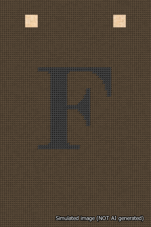 A simulated image of the stitched needlepoint design: Banner 18m Squared F Black on Brown. Not A.I. generated.