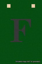 A simulated image of the stitched needlepoint design: Banner 18m Squared F Black on Green. Not A.I. generated.
