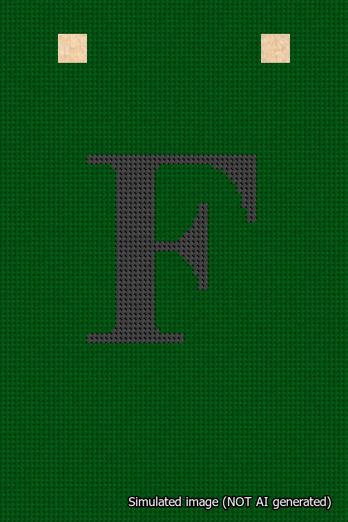 A simulated image of the stitched needlepoint design: Banner 18m Squared F Black on Green. Not A.I. generated.