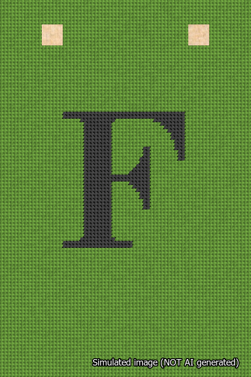 A simulated image of the stitched needlepoint design: Banner 18m Squared F Black on Light Green. Not A.I. generated.
