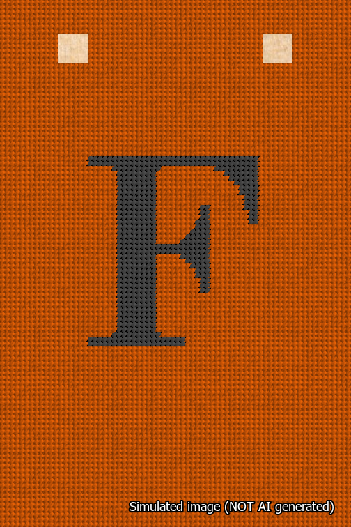 A simulated image of the stitched needlepoint design: Banner 18m Squared F Black on Orange. Not A.I. generated.