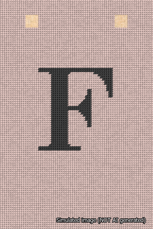 A simulated image of the stitched needlepoint design: Banner 18m Squared F Black on Pink. Not A.I. generated.