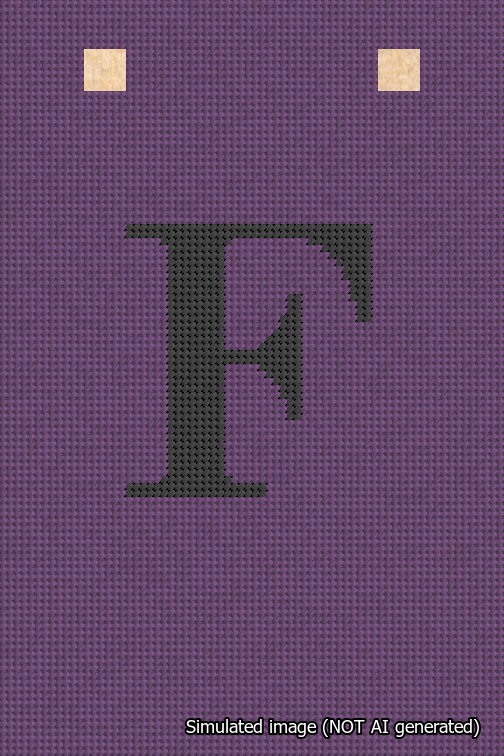 A simulated image of the stitched needlepoint design: Banner 18m Squared F Black on Purple. Not A.I. generated.