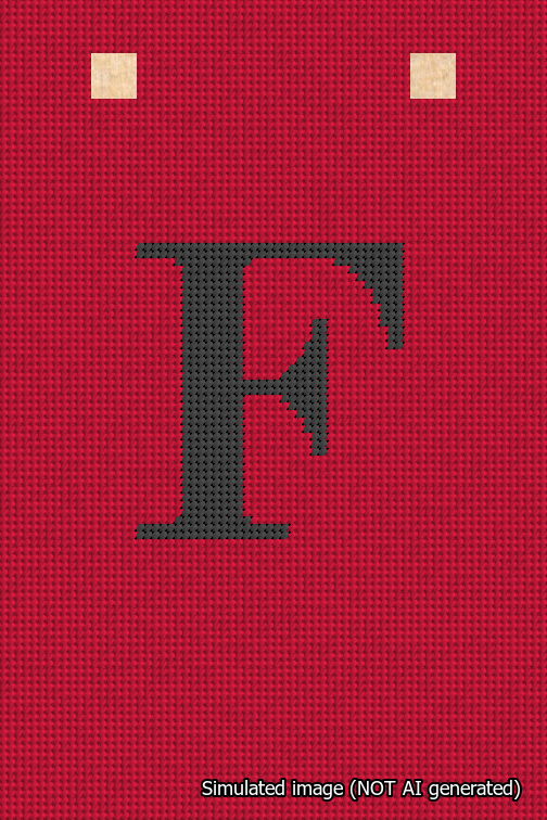 A simulated image of the stitched needlepoint design: Banner 18m Squared F Black on Red. Not A.I. generated.