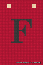 A simulated image of the stitched needlepoint design: Banner 18m Squared F Black on Red. Not A.I. generated.