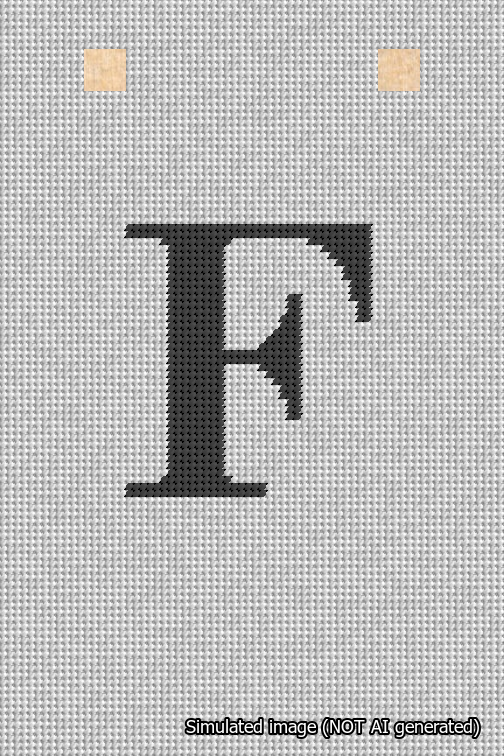 A simulated image of the stitched needlepoint design: Banner 18m Squared F Black on White. Not A.I. generated.