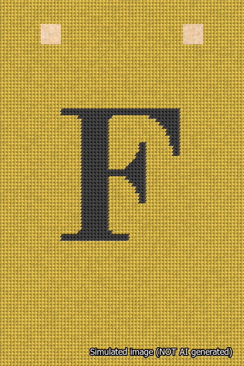 A simulated image of the stitched needlepoint design: Banner 18m Squared F Black on Yellow. Not A.I. generated.