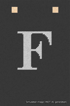 A simulated image of the stitched needlepoint design: Banner 18m Squared F White on Black. Not A.I. generated.