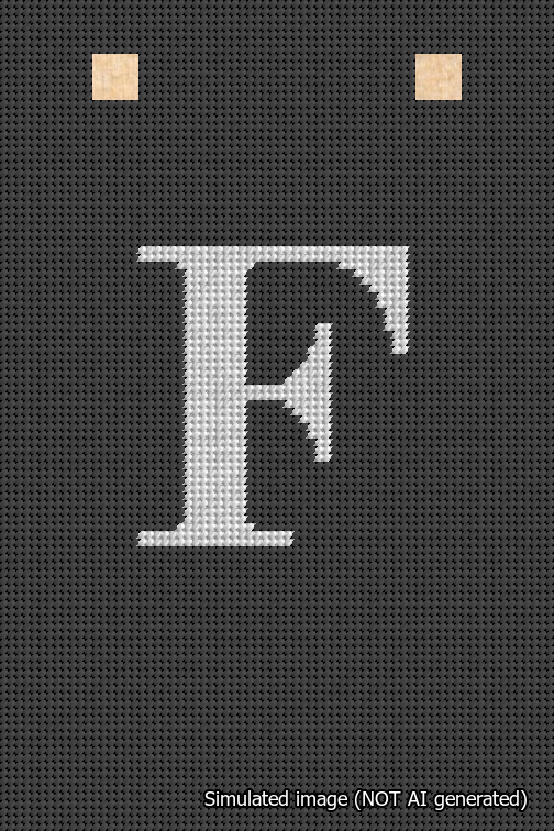 A simulated image of the stitched needlepoint design: Banner 18m Squared F White on Black. Not A.I. generated.