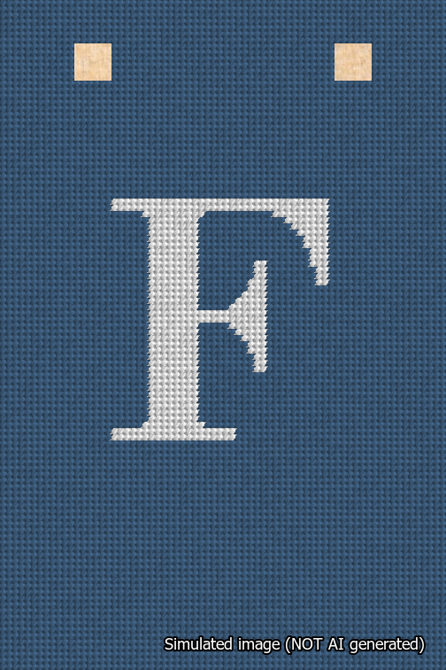 A simulated image of the stitched needlepoint design: Banner 18m Squared F White on Blue. Not A.I. generated.