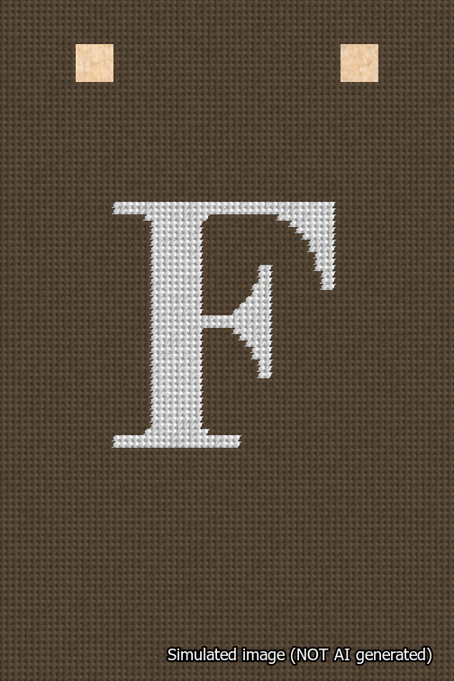 A simulated image of the stitched needlepoint design: Banner 18m Squared F White on Brown. Not A.I. generated.