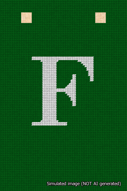A simulated image of the stitched needlepoint design: Banner 18m Squared F White on Green. Not A.I. generated.