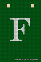 A simulated image of the stitched needlepoint design: Banner 18m Squared F White on Green. Not A.I. generated.