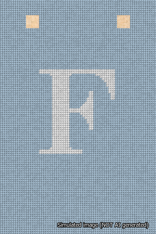 A simulated image of the stitched needlepoint design: Banner 18m Squared F White on Light Blue. Not A.I. generated.