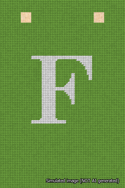 A simulated image of the stitched needlepoint design: Banner 18m Squared F White on Light Green. Not A.I. generated.