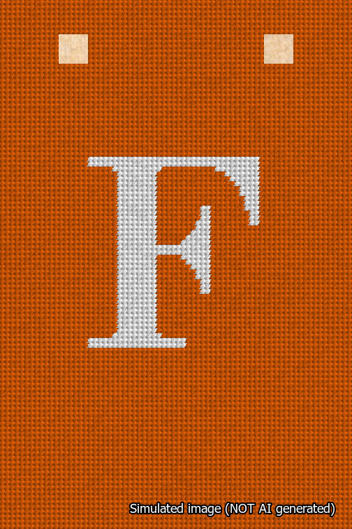 A simulated image of the stitched needlepoint design: Banner 18m Squared F White on Orange. Not A.I. generated.