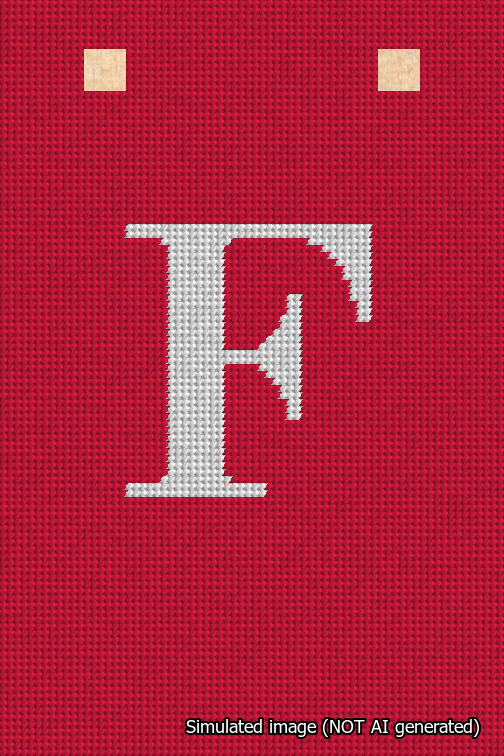 A simulated image of the stitched needlepoint design: Banner 18m Squared F White on Red. Not A.I. generated.