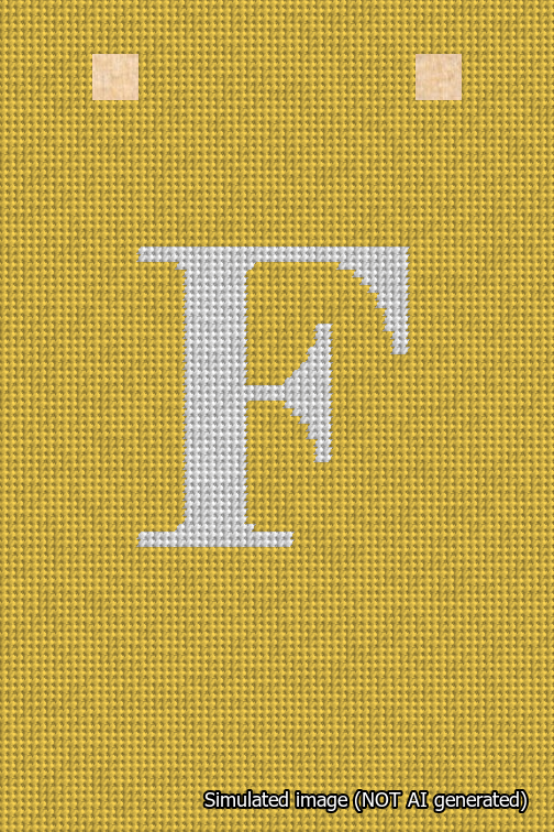 A simulated image of the stitched needlepoint design: Banner 18m Squared F White on Yellow. Not A.I. generated.