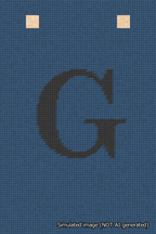 A simulated image of the stitched needlepoint design: Banner 18m Squared G Black on Blue. Not A.I. generated.