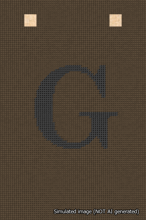 A simulated image of the stitched needlepoint design: Banner 18m Squared G Black on Brown. Not A.I. generated.