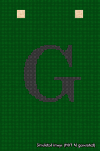A simulated image of the stitched needlepoint design: Banner 18m Squared G Black on Green. Not A.I. generated.