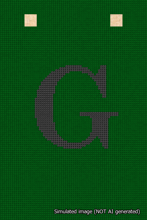 A simulated image of the stitched needlepoint design: Banner 18m Squared G Black on Green. Not A.I. generated.