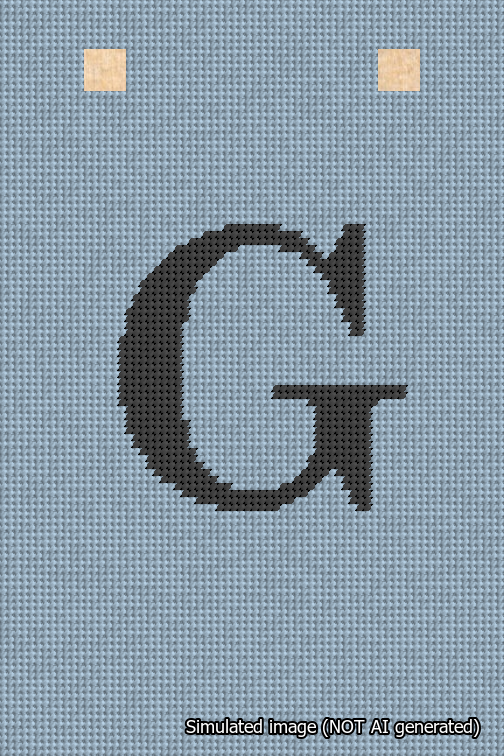 A simulated image of the stitched needlepoint design: Banner 18m Squared G Black on Light Blue. Not A.I. generated.