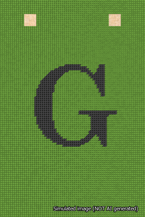 A simulated image of the stitched needlepoint design: Banner 18m Squared G Black on Light Green. Not A.I. generated.