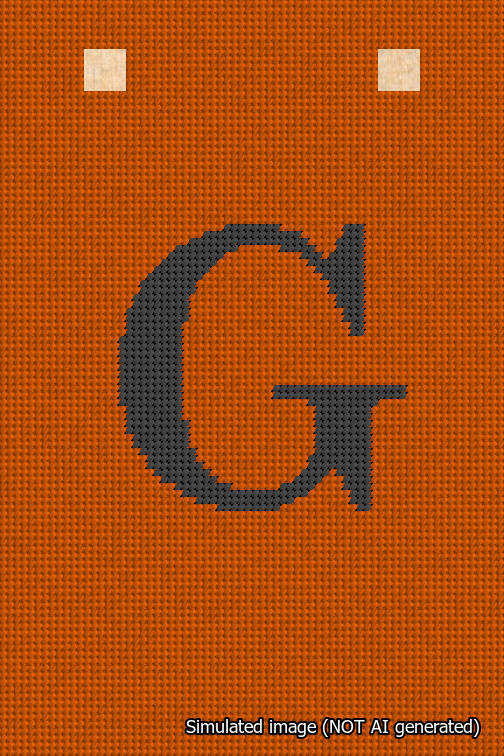 A simulated image of the stitched needlepoint design: Banner 18m Squared G Black on Orange. Not A.I. generated.
