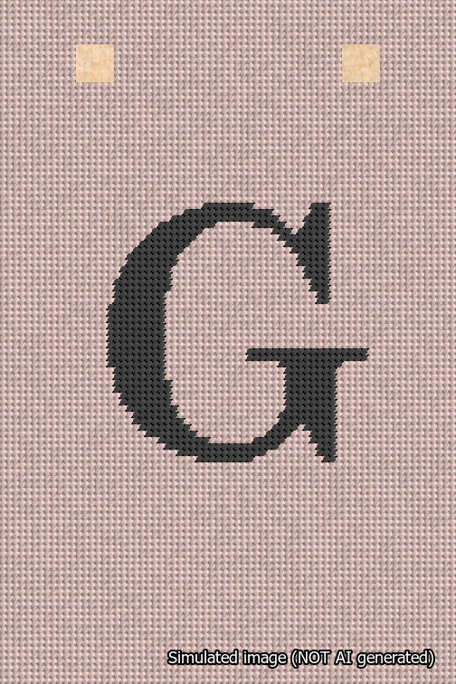 A simulated image of the stitched needlepoint design: Banner 18m Squared G Black on Pink. Not A.I. generated.