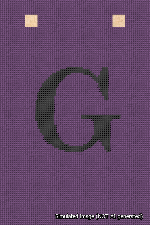 A simulated image of the stitched needlepoint design: Banner 18m Squared G Black on Purple. Not A.I. generated.